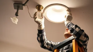 Professional electrician carefully removing burnt-out recessed light bulb from ceiling fixture while wearing cotton gloves, standing on sturdy stepladder with work light visible