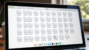 Close-up of Mac Finder window showing gray folder icons arranged in grid layout, clean desktop environment with natural lighting from window