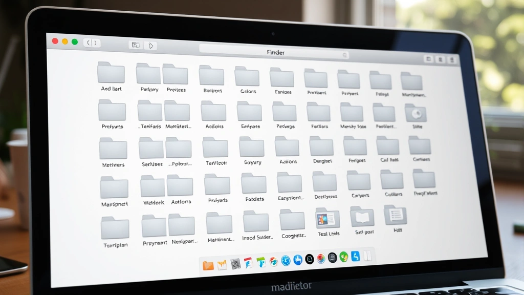 Close-up of Mac Finder window showing gray folder icons arranged in grid layout, clean desktop environment with natural lighting from window