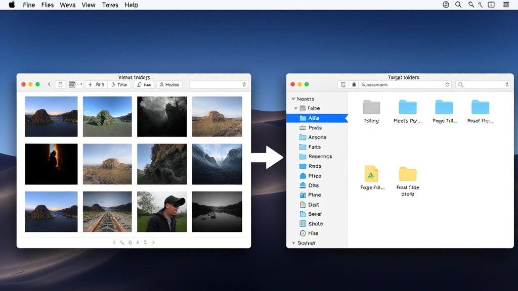 Split-screen view of two Finder windows side-by-side, one containing image files and another showing target folders, demonstrating drag-and-drop workflow