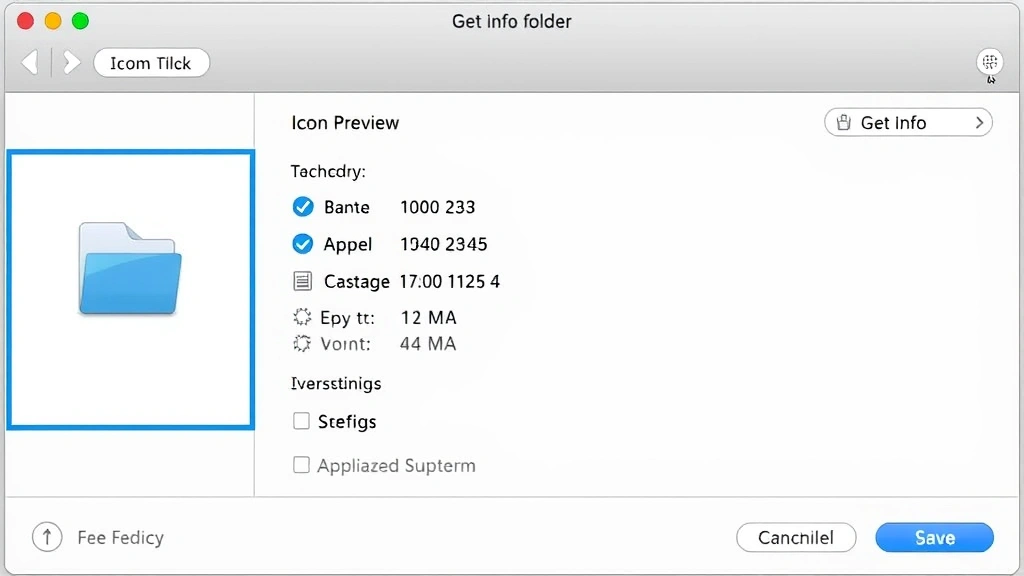 Detailed screenshot of Get Info panel open for a folder, highlighting the icon preview area at top-left with blue selection border, ready for custom icon application