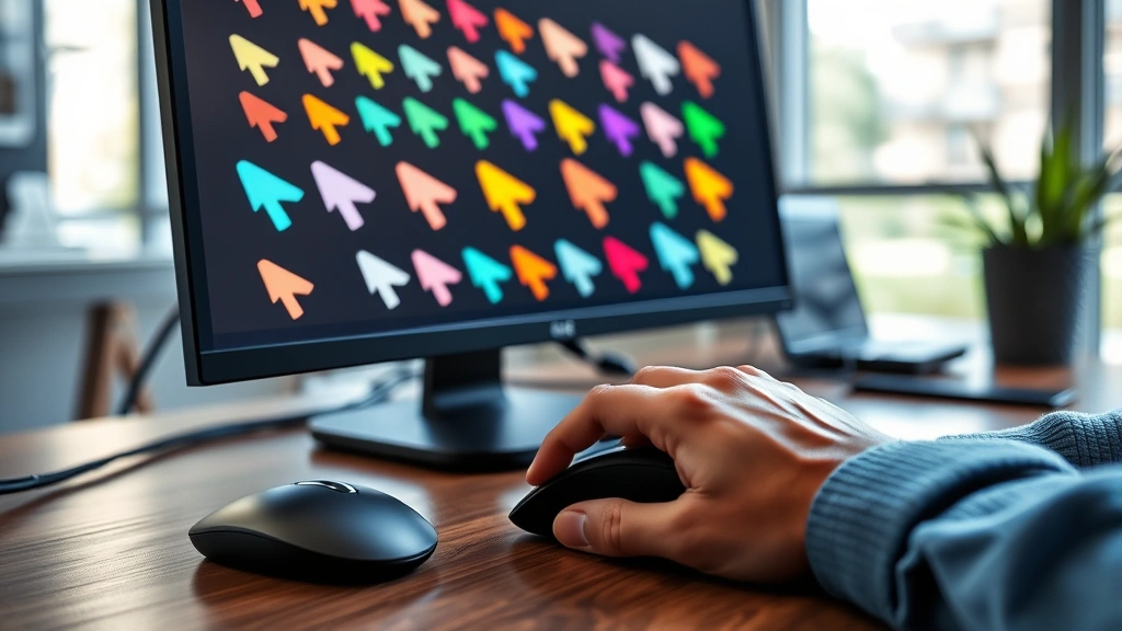 Hands using wireless mouse on desk next to computer monitor displaying customized colorful cursor designs, modern office setup with natural lighting