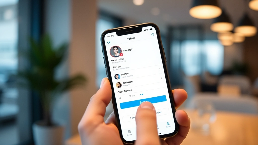 Mobile phone in hand showing Twitter app with profile editing interface open, finger pointing at save button, contemporary indoor setting with soft lighting