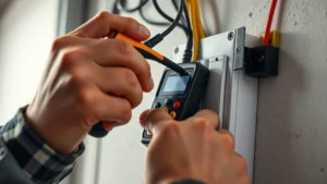 Close-up of electrician's hands using non-contact voltage tester on light switch box, showing proper safety technique with digital display visible, bright professional lighting on work area