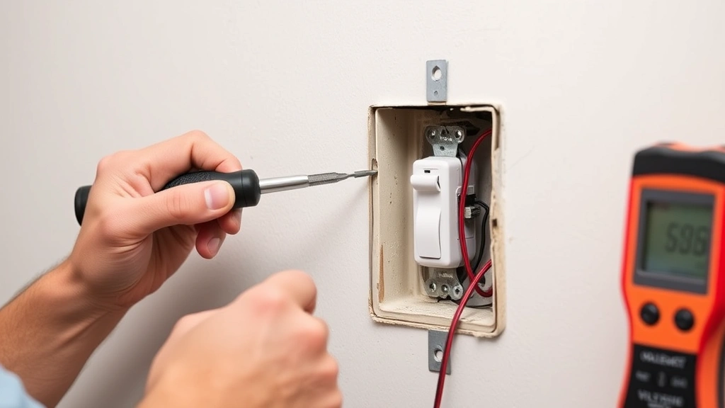 Electrician carefully removing old light switch from wall box using screwdriver, with voltage tester visible on nearby surface, work-in-progress showing exposed wires and electrical box