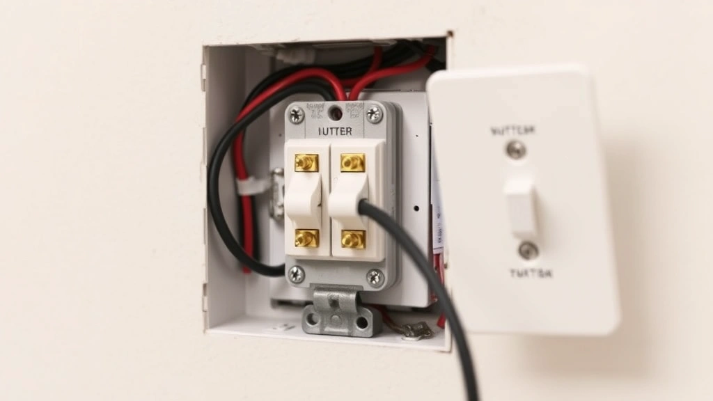 New light switch properly installed in wall box with wires correctly positioned, showing brass terminals with black wire connected, cover plate attached, finished professional appearance