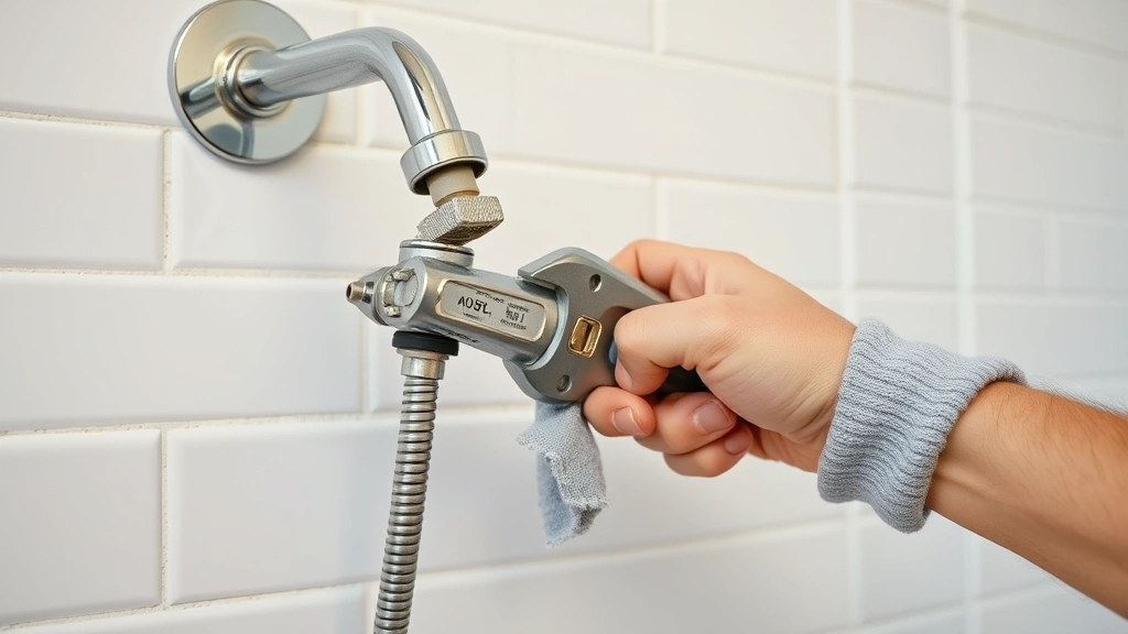Professional plumber's hands using an adjustable wrench to tighten a chrome shower head connection on a white subway tile bathroom wall, cloth wrapped around the fitting for protection