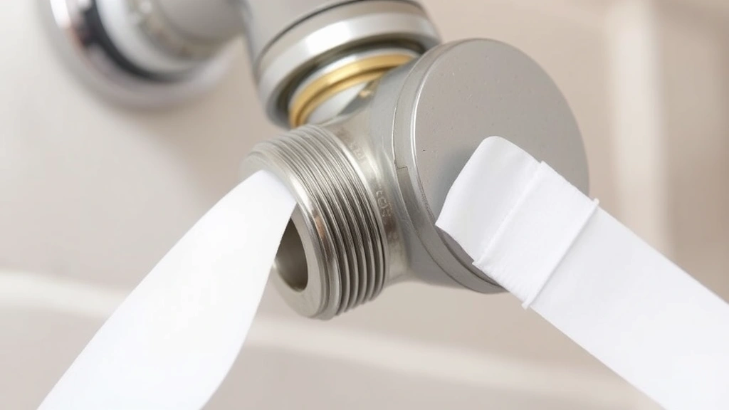 Close-up of white Teflon plumber's tape being wrapped clockwise around shower arm threads, showing proper 3-4 wrap technique before new shower head installation