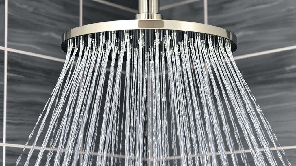 Modern rainfall shower head mounted on tile wall with water streaming out in wide pattern, showing completed professional installation with visible water droplets mid-flow