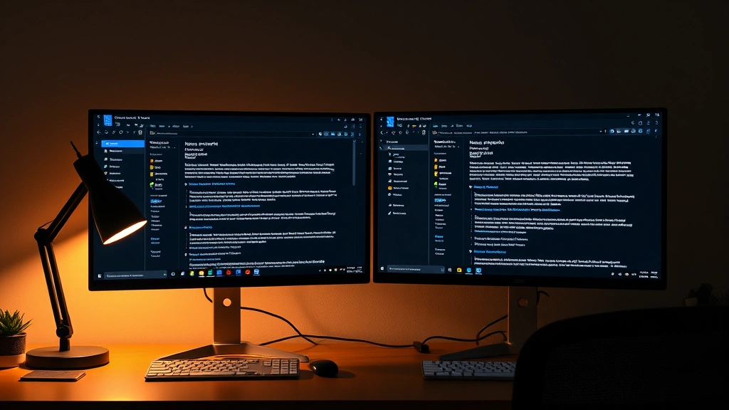 Professional workspace with dual monitors displaying Outlook email interface in dark mode with white text and dark gray background, warm desk lamp illumination, ergonomic setup