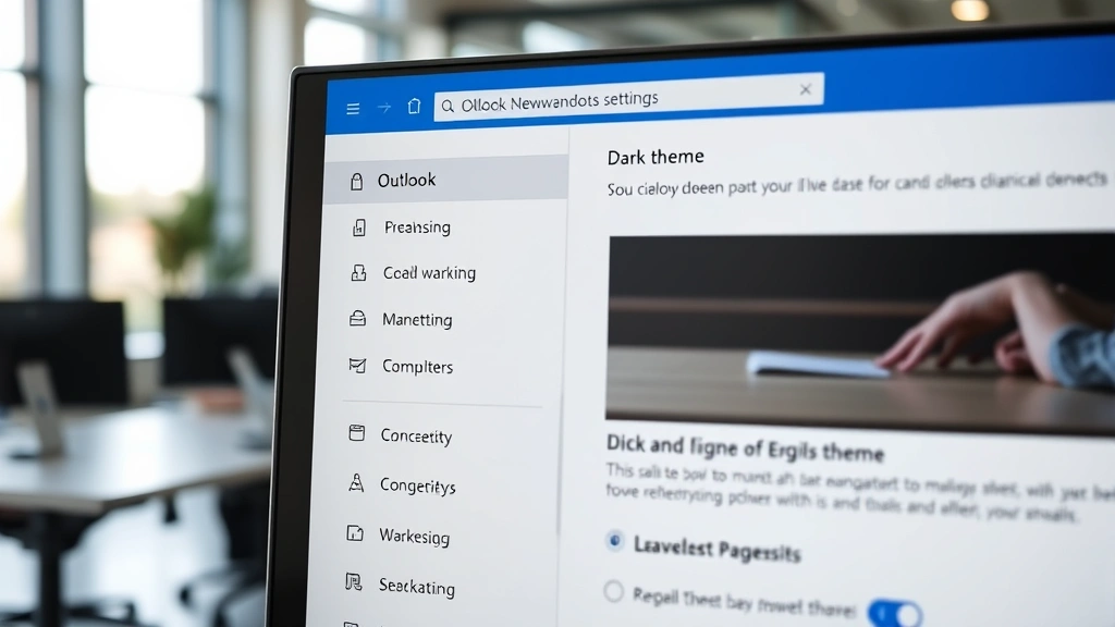 Close-up of Outlook settings menu showing dark mode theme options selected, Windows computer screen, modern office environment with natural lighting in background