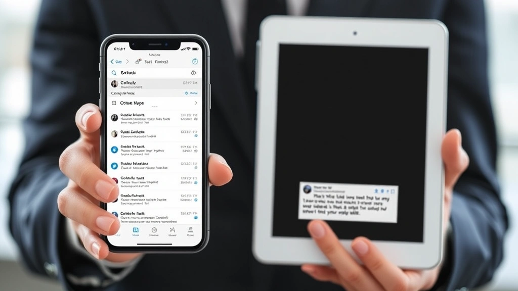 Smartphone and tablet both displaying Outlook mobile app in dark mode side by side, showing email inbox and message preview, hands holding devices in professional setting