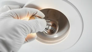 Close-up of hand in cotton glove carefully inserting LED bulb into recessed ceiling fixture socket, showing proper grip and insertion angle with fixture trim ring visible