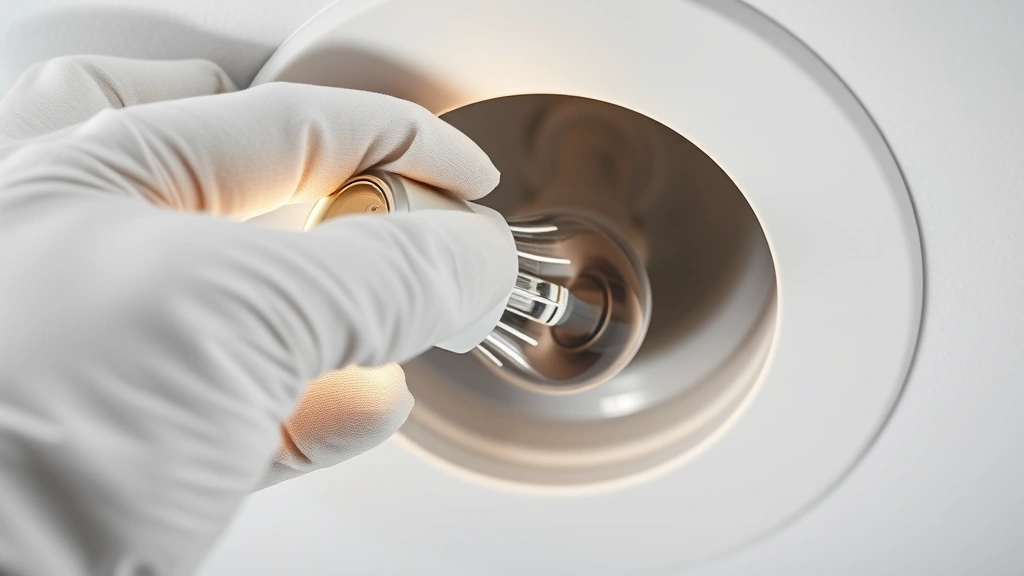 Close-up of hand in cotton glove carefully inserting LED bulb into recessed ceiling fixture socket, showing proper grip and insertion angle with fixture trim ring visible