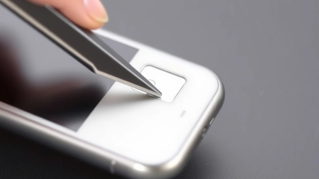Close-up of iPhone SIM ejector tool positioned at 90-degree angle to SIM slot hole on device edge, showing proper technique with steady hand positioning and correct tool angle for safe ejection