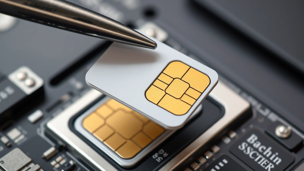 Nano-SIM card held carefully in tweezers above SIM tray compartment, displaying gold contact side, proper orientation with beveled corner visible, clean contact surfaces without dust or debris