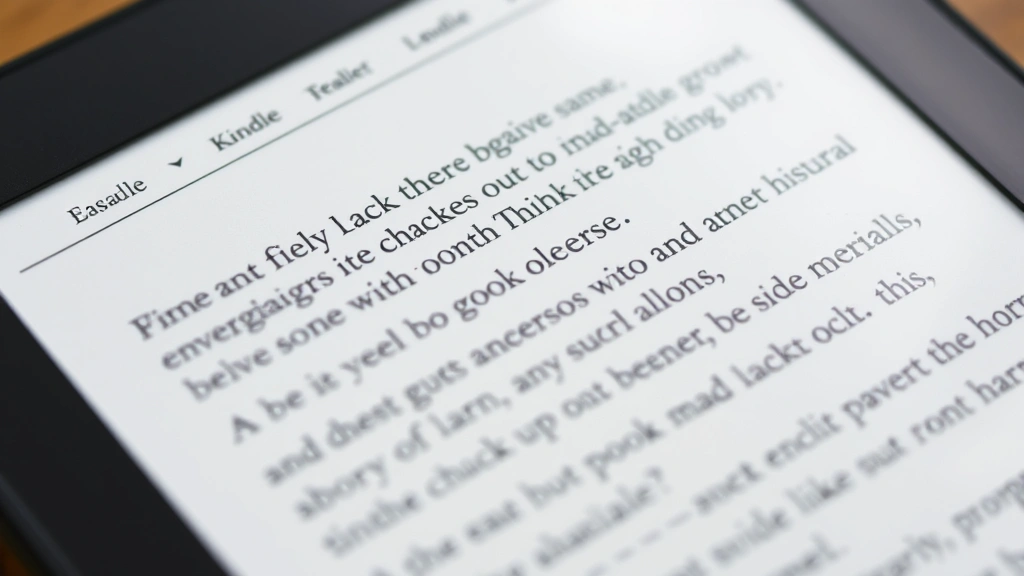 Close-up of Kindle e-reader screen displaying text in different font sizes and styles, showing the reading toolbar with font adjustment options visible at top, natural lighting on device