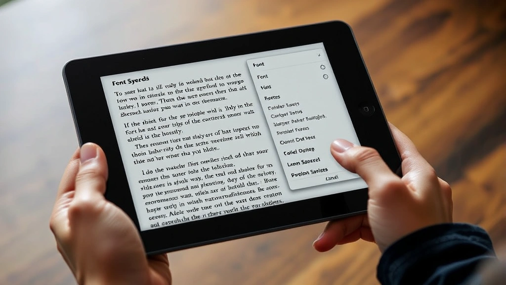 Hand holding tablet displaying Kindle app with open book and text formatting menu visible, showing font selection dropdown menu with multiple typeface options displayed