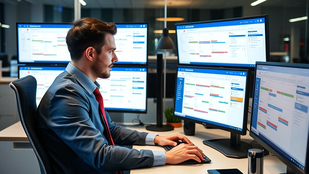 Professional businessman working at desk with multiple monitors displaying Outlook calendar interface showing different time zones and meeting schedules