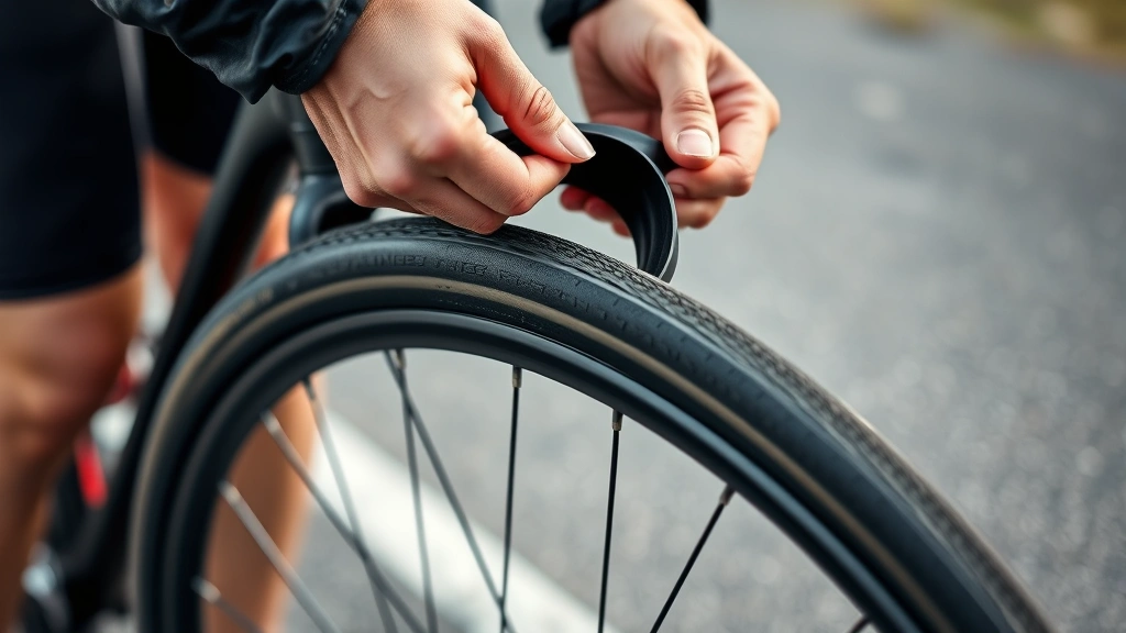 Cyclist installing new inner tube into bike tire rim during roadside repair, hands working the tube evenly around the rim without twisting