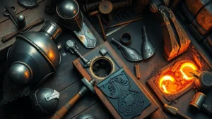 Detailed overhead shot of a fantasy armor smithy workbench with various metallic armor pieces, hammers, tongs, and glowing forge in background, realistic fantasy setting, professional lighting