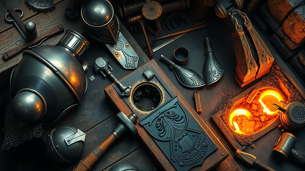 Detailed overhead shot of a fantasy armor smithy workbench with various metallic armor pieces, hammers, tongs, and glowing forge in background, realistic fantasy setting, professional lighting