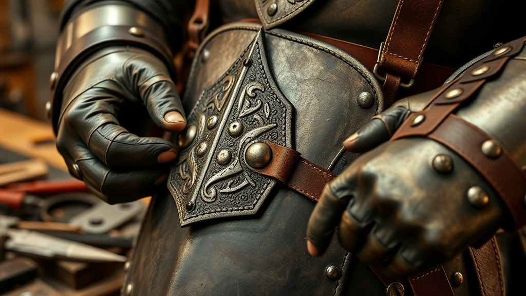 Close-up of hands assembling metal armor plates with rivets and leather straps, showing craftsmanship details, warm workshop lighting, detailed metalwork in progress