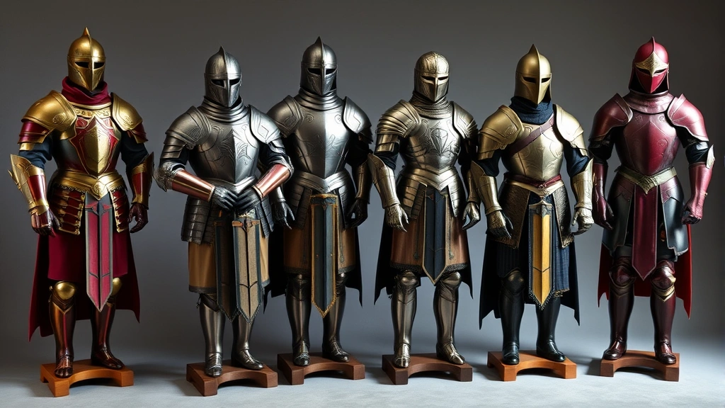 Diverse set of completed fantasy armor pieces displayed on wooden armor stands, showing different weight classes from light to heavy plate, well-lit display with rich colors