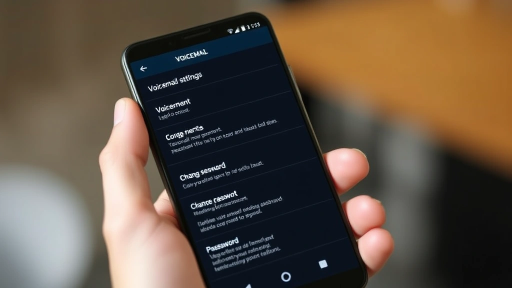 Hands holding Android phone displaying voicemail settings menu screen, showing password change options, realistic phone screen content, clear view of navigation buttons, professional documentation style