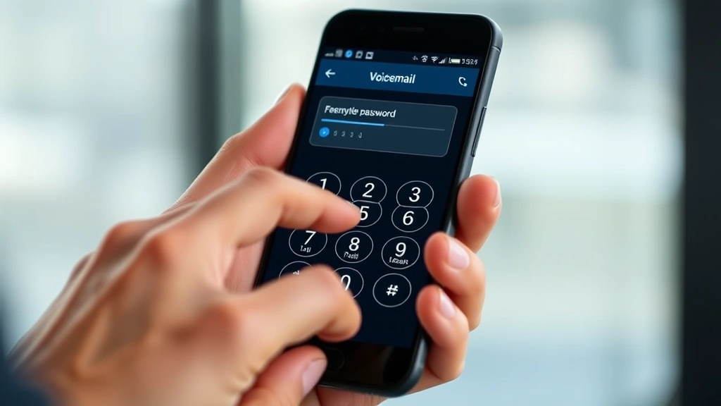 Person entering numeric password on Android phone keypad during voicemail setup, fingers on screen, modern smartphone in portrait orientation, secure transaction concept, professional technical photography