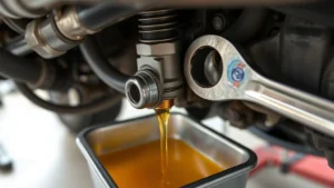 Close-up of oil drain plug being loosened with a wrench under a vehicle engine, golden oil visible in a drain pan positioned below, workshop setting