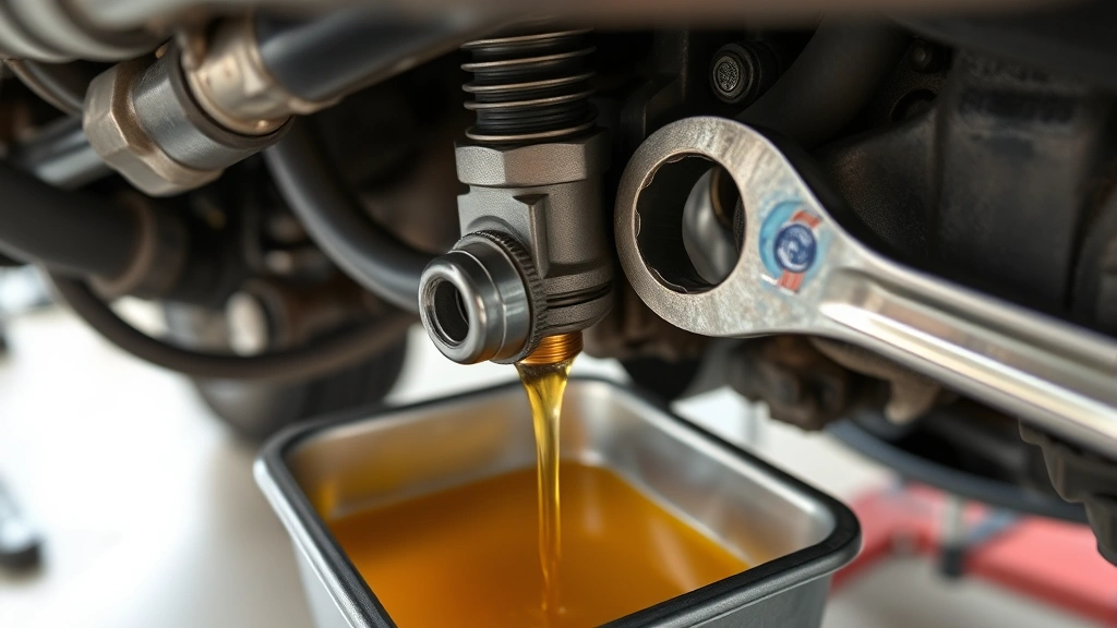 Close-up of oil drain plug being loosened with a wrench under a vehicle engine, golden oil visible in a drain pan positioned below, workshop setting