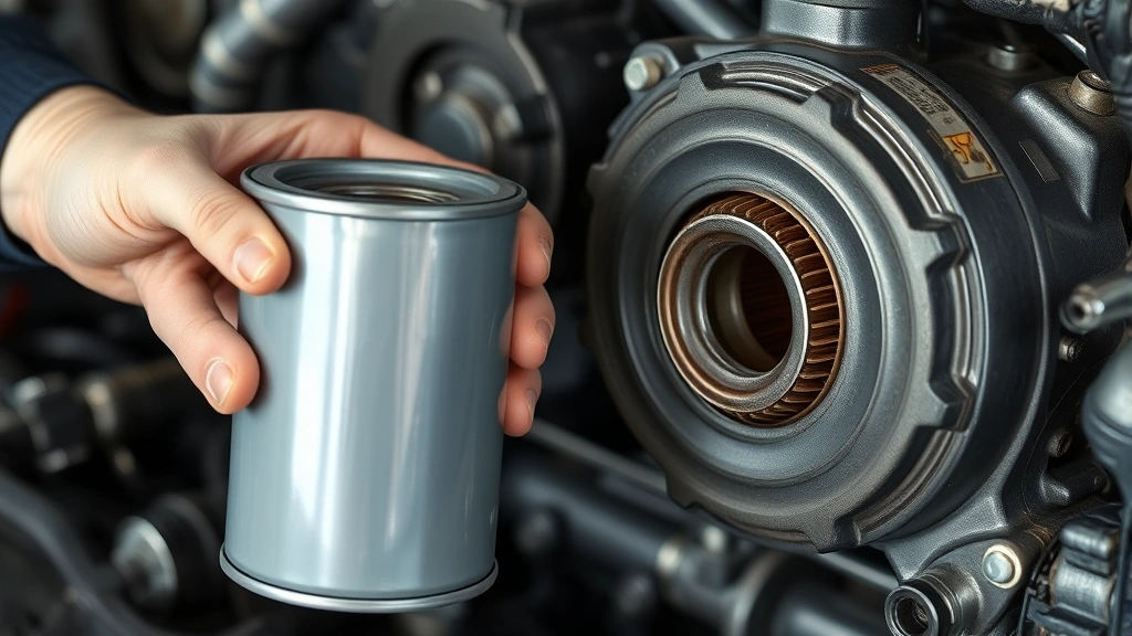 Technician holding a new cylindrical oil filter next to the engine mounting point, old filter removed and set aside, clean engine surface visible