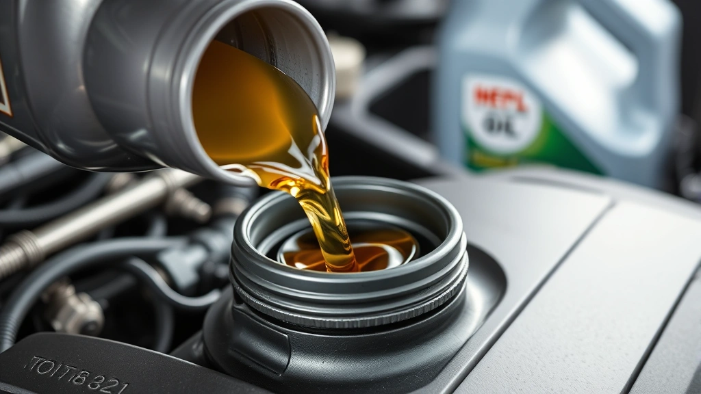 Fresh motor oil being poured through a funnel into engine oil filler cap opening on top of engine block, new oil container visible in background