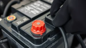 Close-up of car battery terminals showing red positive and black negative connections with light corrosion visible, hands in work gloves preparing to connect charger cables in a garage setting