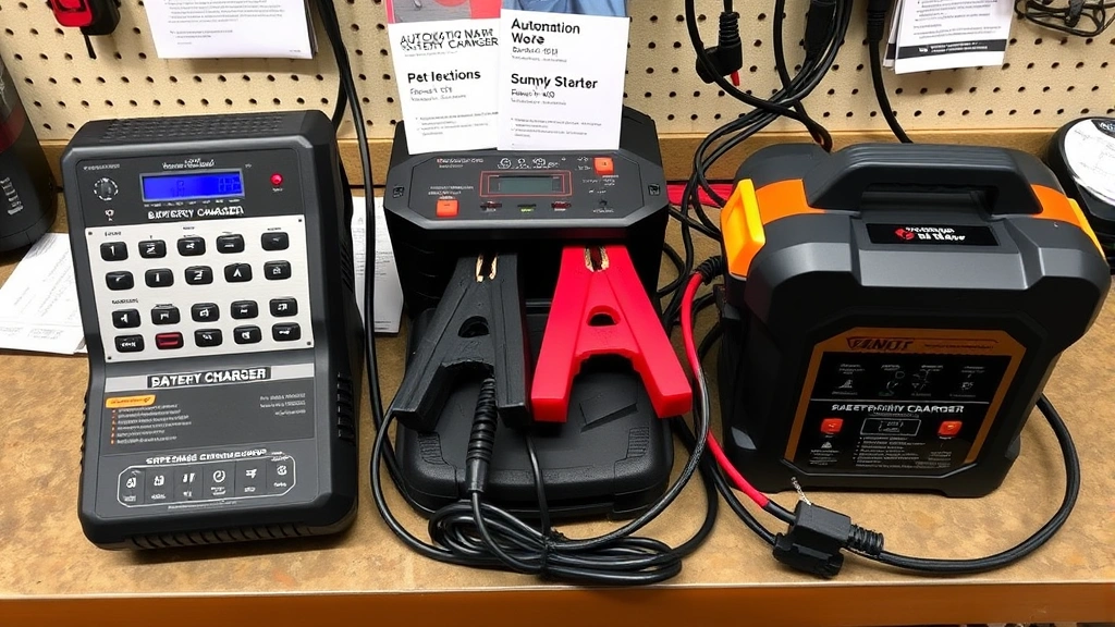 Multiple types of battery chargers displayed on workbench including automatic smart charger, manual charger, and portable jump starter, with instruction manuals and various amperage settings visible