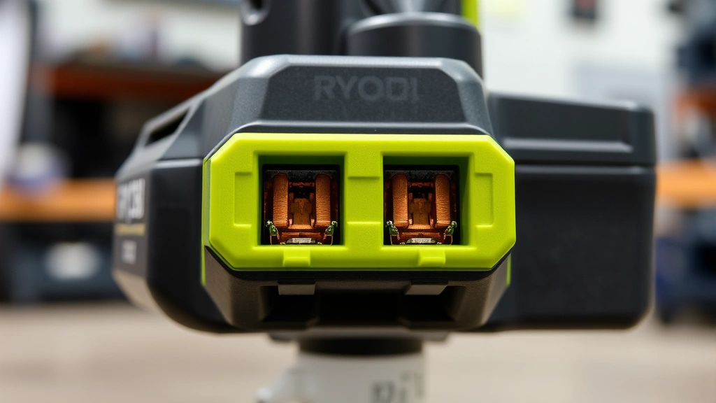 Close-up of Ryobi 40V lithium-ion battery terminals showing positive and negative connection points with clean copper contacts, photographed against neutral background in professional workshop setting
