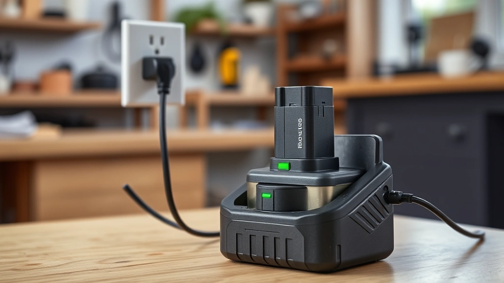 Ryobi standard charger BCL3620 plugged into wall outlet with fully charged battery seated properly in charging cradle, showing green indicator light, modern home workshop in background