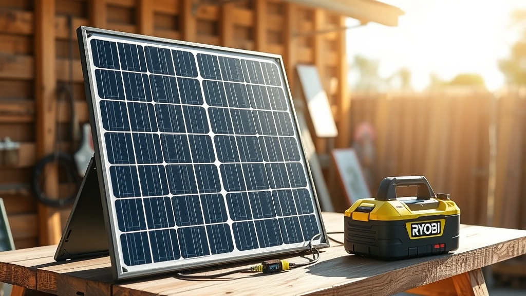Portable solar charging panel rated for 40V DC output positioned in bright sunlight on wooden workbench, with Ryobi battery placed nearby ready for connection, clear outdoor daytime lighting