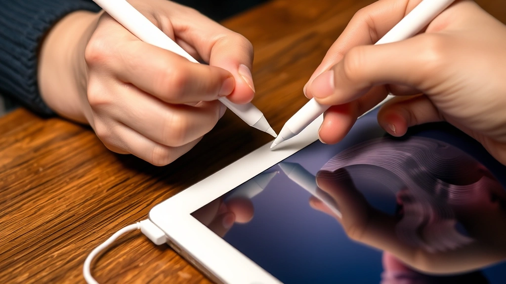 Hands inserting Apple Pencil Gen 1 into iPad Lightning port at slight angle, showing proper alignment and insertion technique during charging process, clear view of both devices