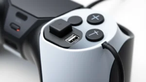 Close-up of PlayStation 5 DualSense controller USB-C charging port on top edge, showing cable insertion point with clear detail, realistic gaming peripheral setup