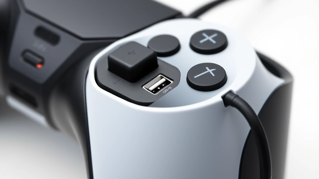 Close-up of PlayStation 5 DualSense controller USB-C charging port on top edge, showing cable insertion point with clear detail, realistic gaming peripheral setup