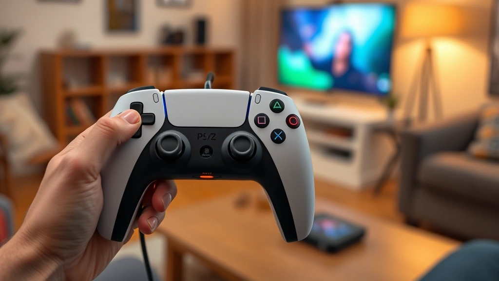 Person holding PS5 DualSense controller while connected to USB-C cable, controller displaying orange LED charging indicator light, comfortable gaming room background