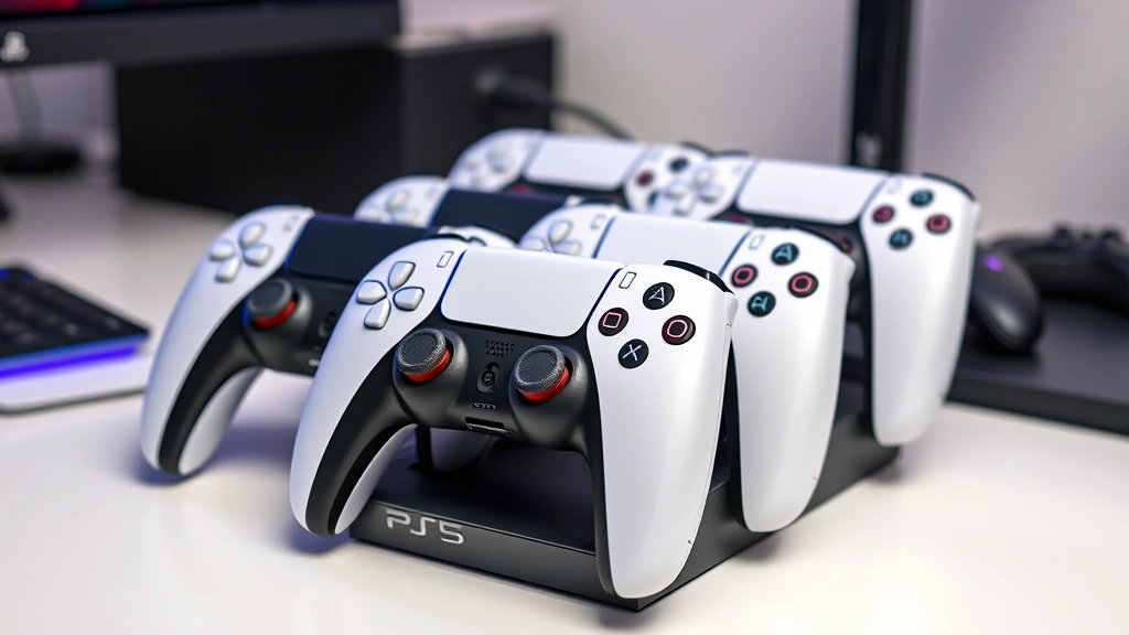 Multiple PS5 DualSense controllers arranged on modern charging dock station, white controllers with visible LED indicators, clean desk setup with gaming environment