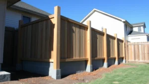 Professional privacy screen installation showing concrete footings around wooden posts with proper spacing and alignment in a residential backyard setting with clear blue sky