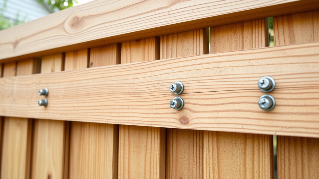 Close-up of privacy screen board-on-board construction technique showing overlapping pressure-treated lumber fastened to horizontal rails with exterior-grade screws and bolts