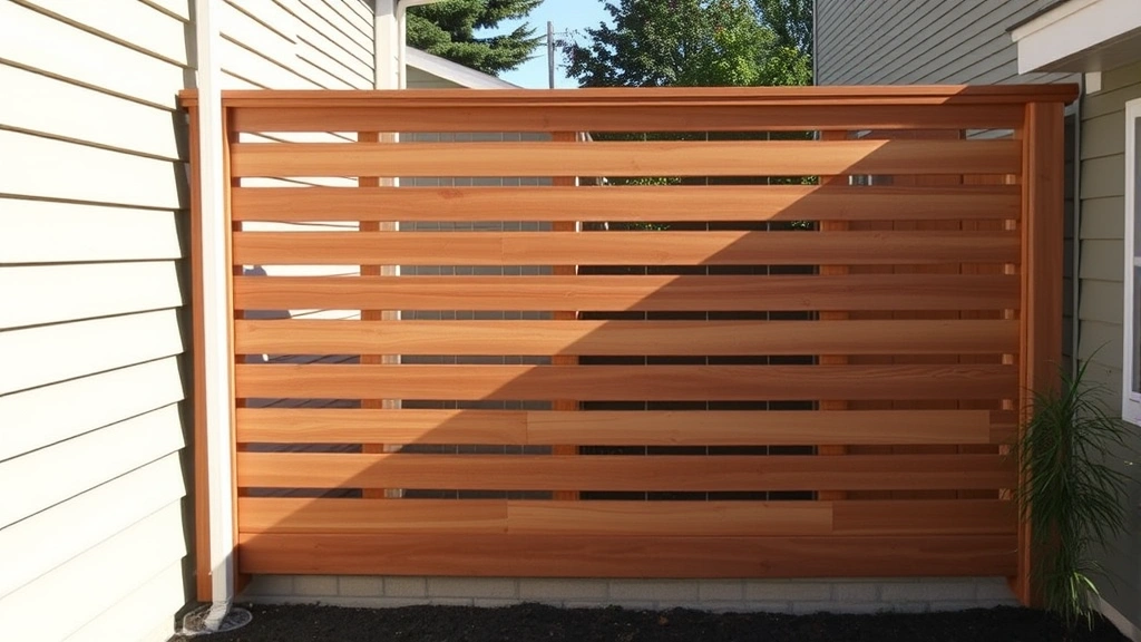 Completed modern horizontal slat privacy screen installed between residential properties showing even spacing, clean lines, and finished wood stain in afternoon sunlight