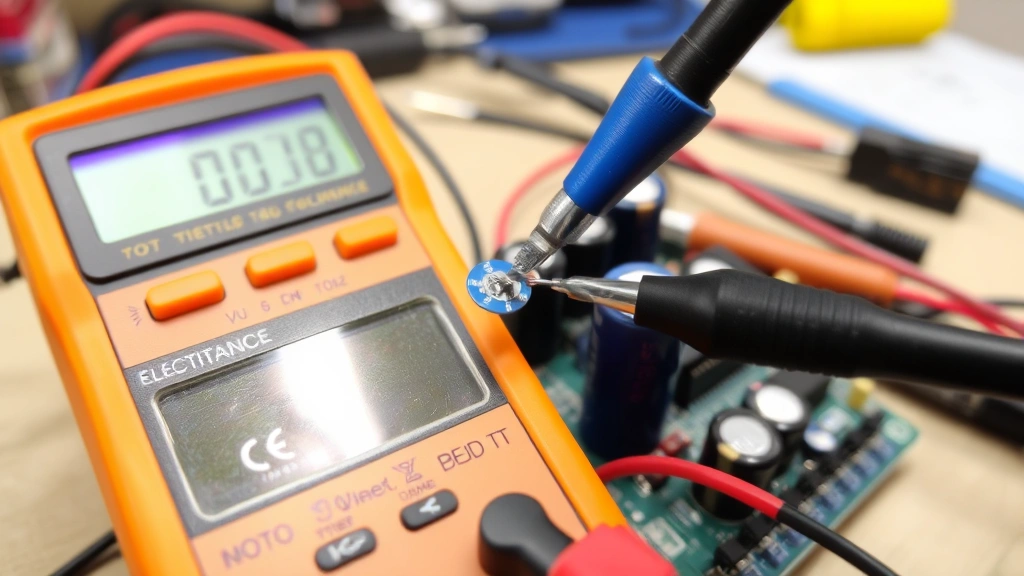Digital multimeter with capacitance probe touching a blue electrolytic capacitor mounted on circuit board, measuring display visible, workshop background