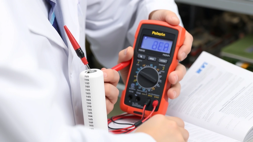 Technician comparing multimeter reading to capacitor markings printed on white cylindrical component, reference manual open nearby