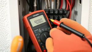 Close-up of a digital multimeter with probes touching a residential electrical fuse panel, showing clear voltage reading on the display screen, proper hand positioning with insulated gloves